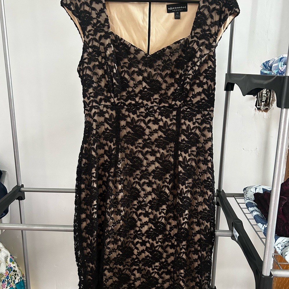 Connected Apparel Black and Tan Sheath Dress Sweetheart Neckline